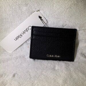 Calvin Klein Black Pebbled Leather Card Holder Slim Wallet Credit Card Case NWT